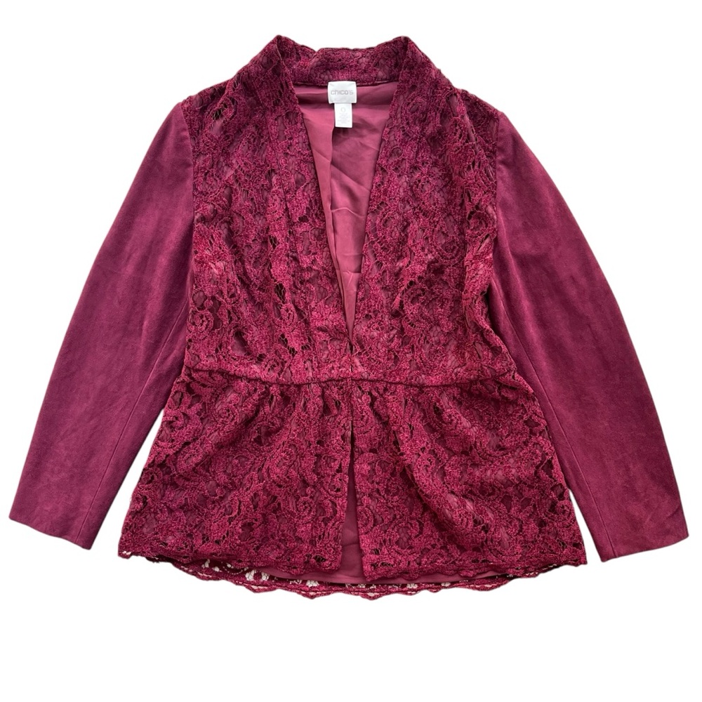 Chico’s Women’s S Red Maple Faux Suede Leather Long Slv. Flounce Hem Lace Jacket